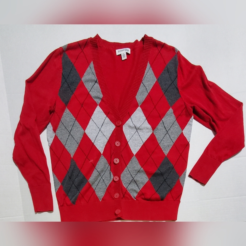 Argyle checkered sweatee cardigan. Red and Gray Button down. Size petite Lg.
